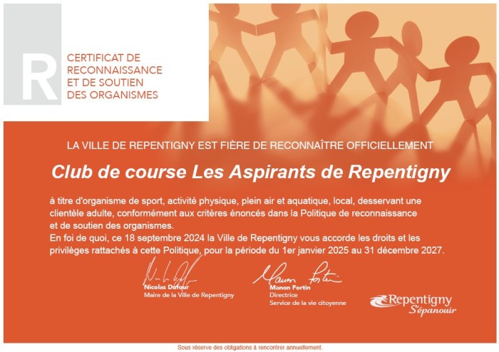 Certificat de reconnaissance Club Les Aspirants
